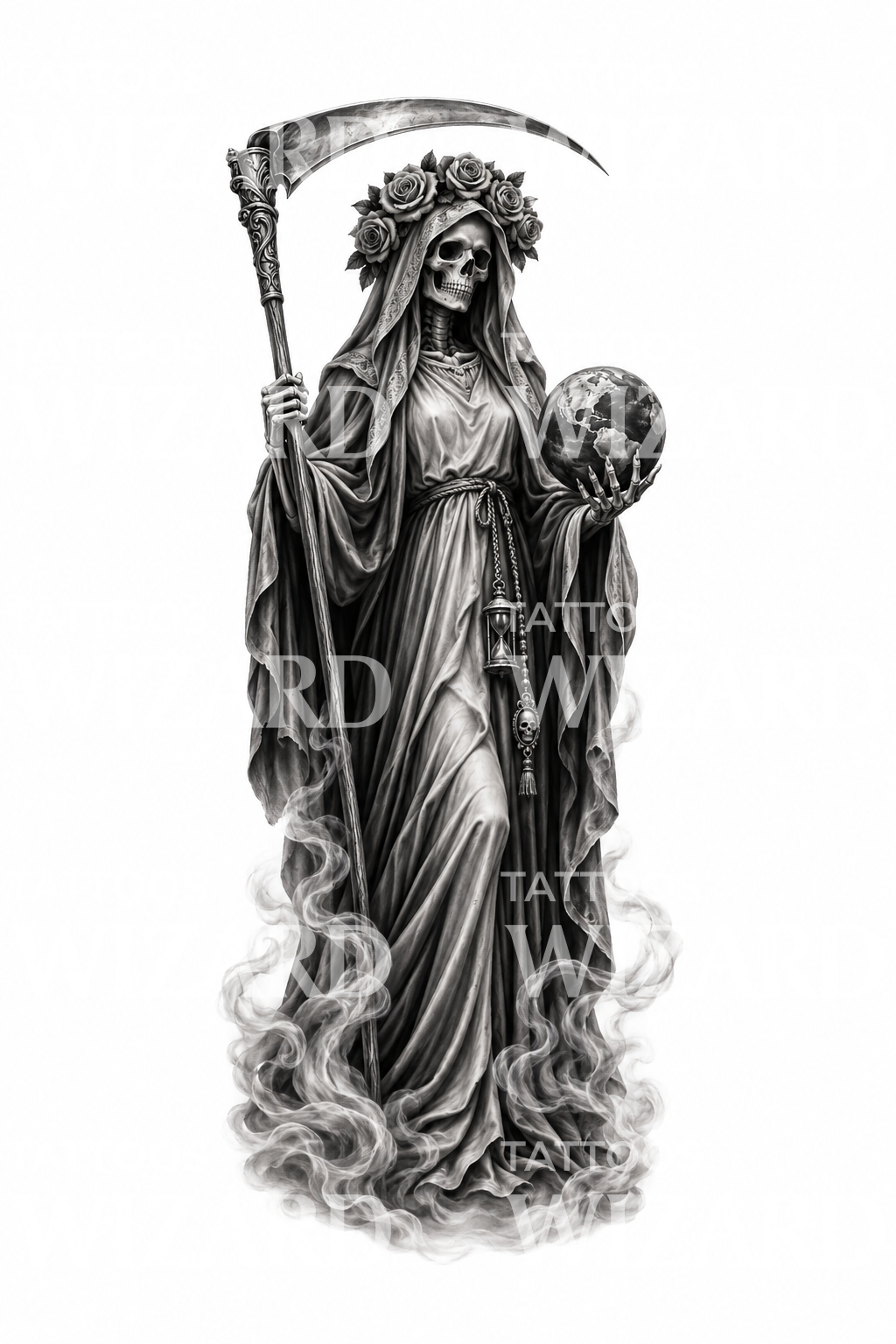 Santa Muerte Scythe and Globe Tattoo Design