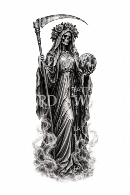 Santa Muerte Scythe and Globe Tattoo Design