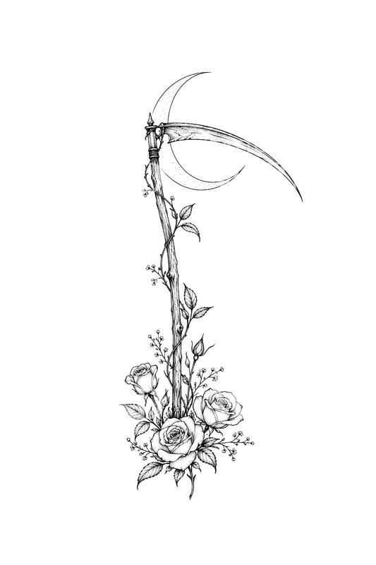 Santa Muerte Scythe with Roses and Crescent Fine Line Tattoo
