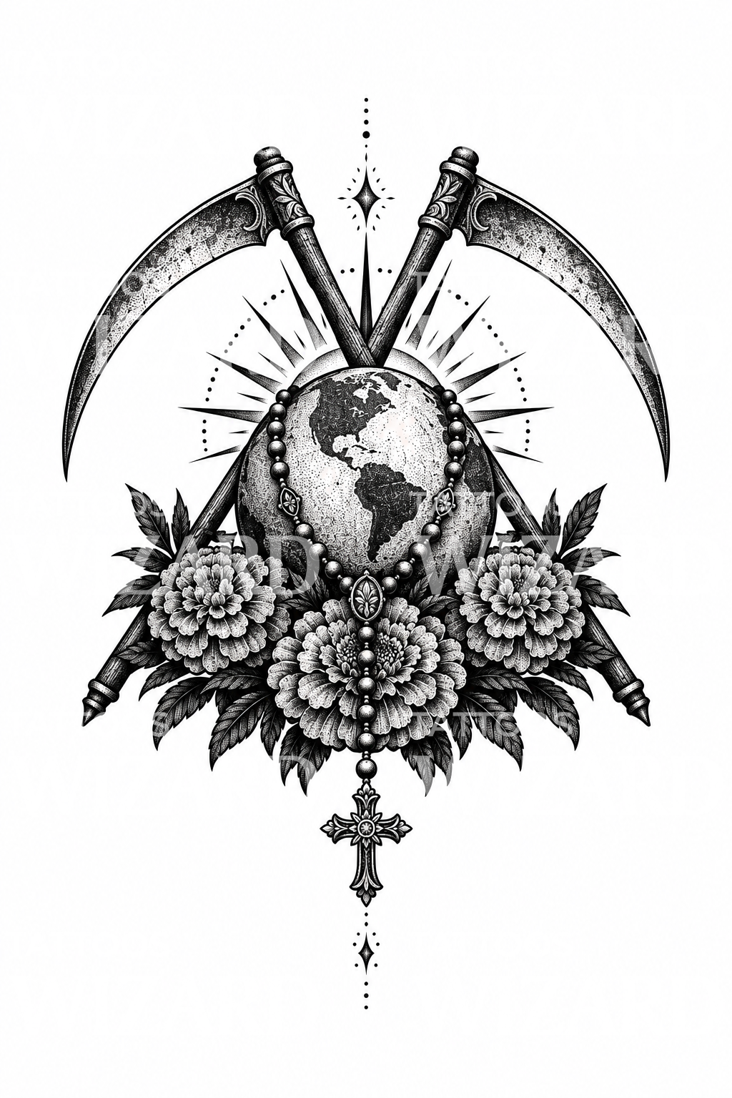 Santa Muerte med leer og globus, tatoveringsdesign