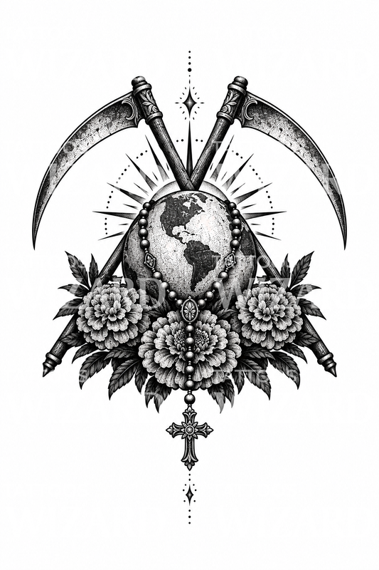 Santa Muerte kaszákkal és földgömbbel, tetoválásminta
