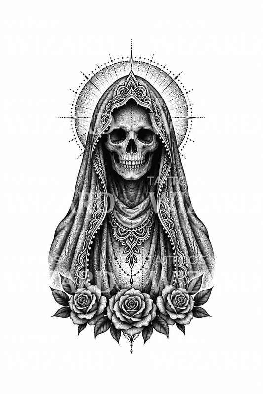 Diseño de tatuaje de calavera velada de Santa Muerte con halo