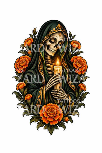 Santa Muerte kynttilän ja samettikukkien tatuointimalli