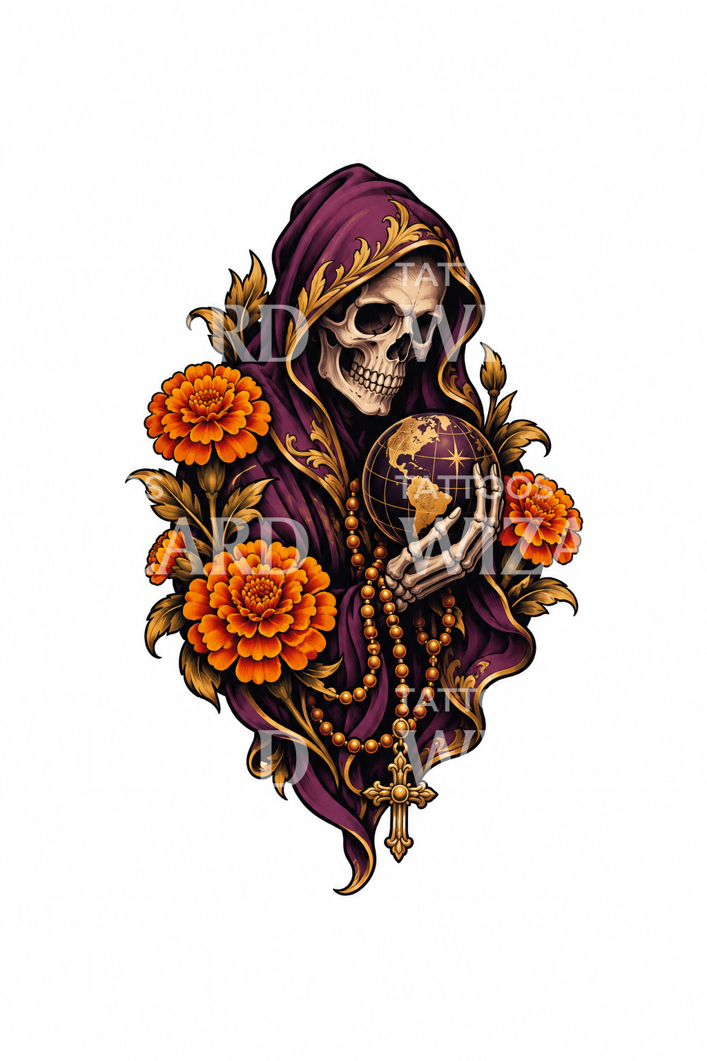 Santa Muerte with Globe and Marigolds Tattoo