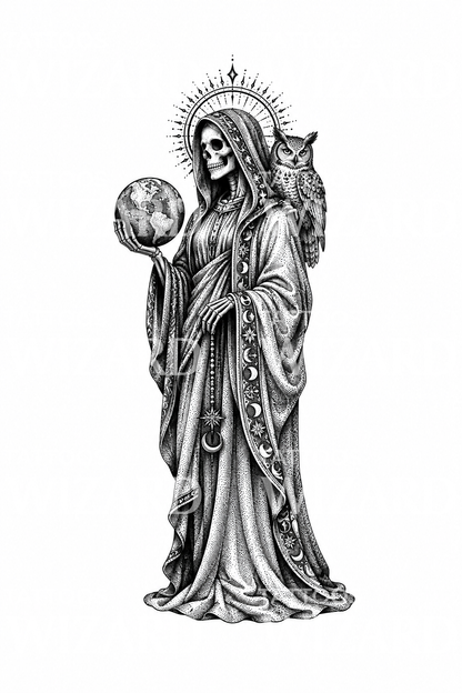 Santa Muerte med glob och uggla i dotwork