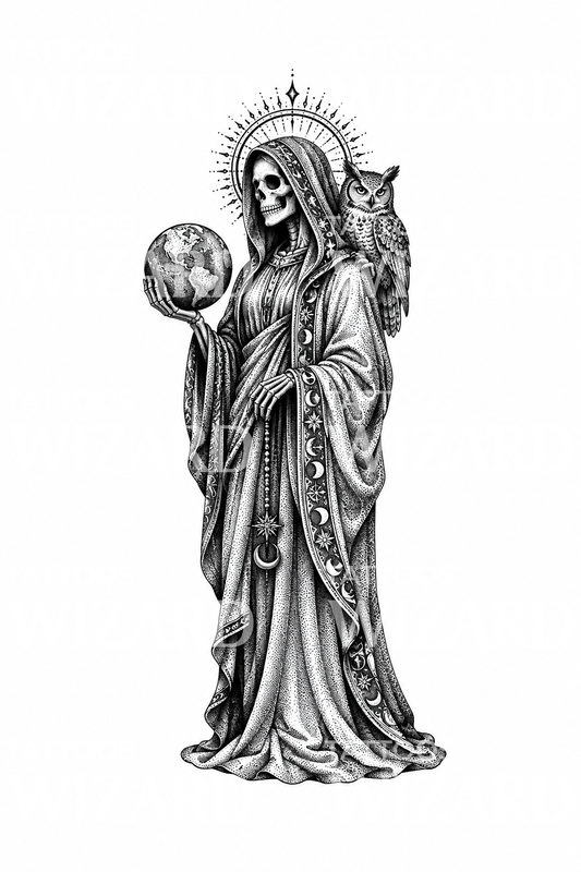 Santa Muerte med glob och uggla i dotwork