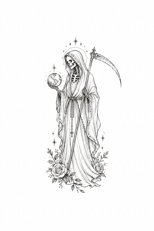 Santa Muerte met wereldbol en zeis, fine line-tatoeage
