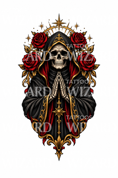 Illustrasjon av Santa Muerte-tatovering med roseglorie
