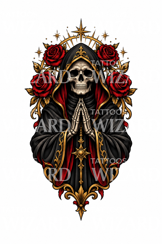 Santa Muerte with Halo of Roses Tattoo Illustration
