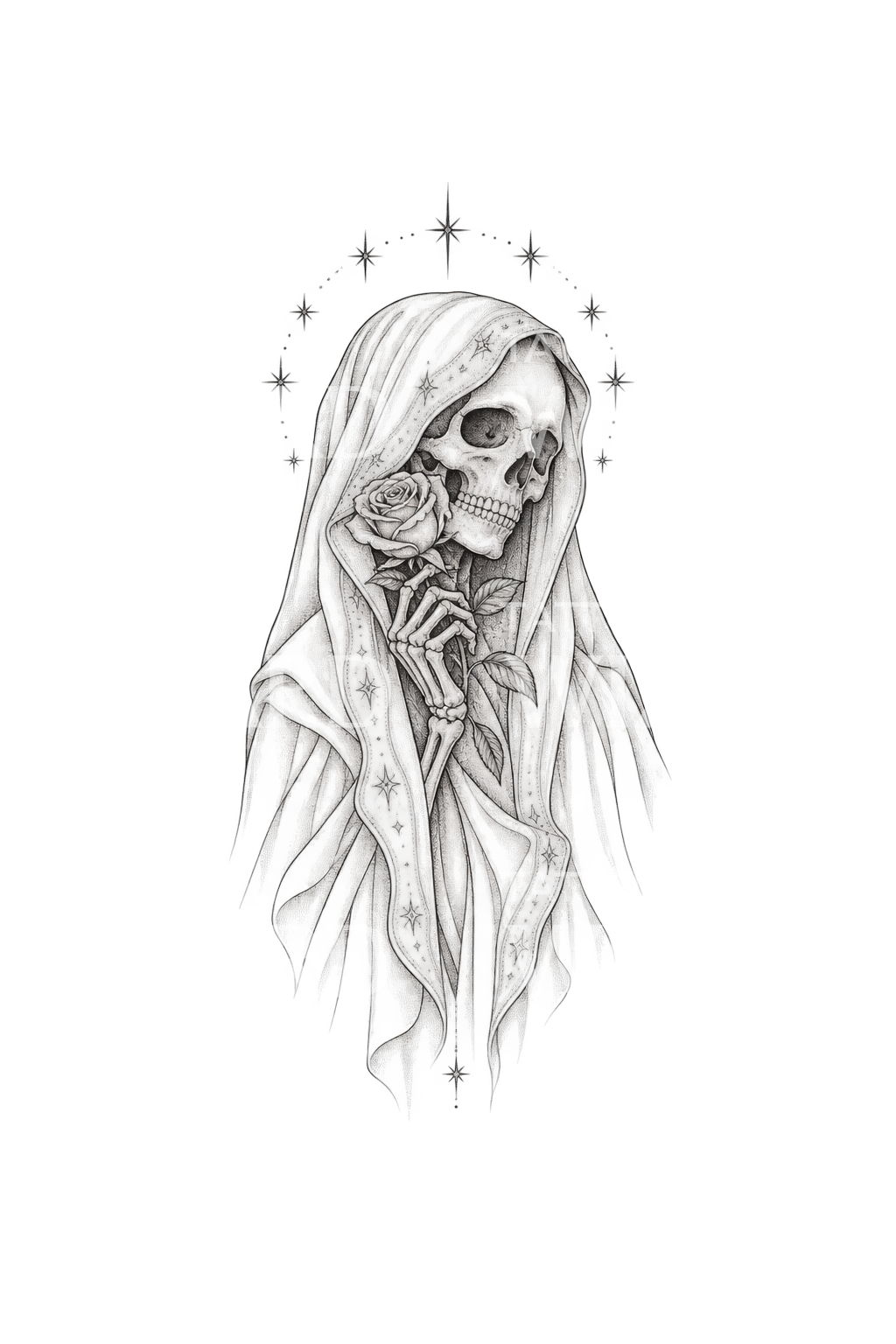 Idea per tatuaggio Santa Muerte con rosa e stelle