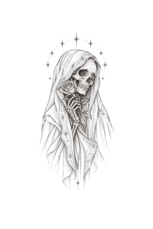 Nápad na tetování Santa Muerte s růží a hvězdami