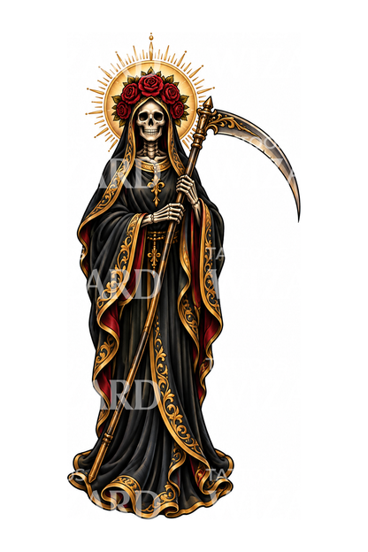 Tatuaggio Santa Muerte con corona di rose e falce