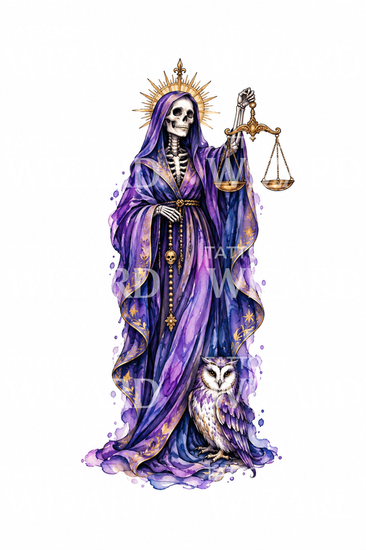 Santa Muerte with Scales and Owl Tattoo Design