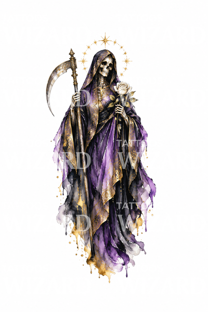Akvarelový návrh tetování Santa Muerte s bílou růží