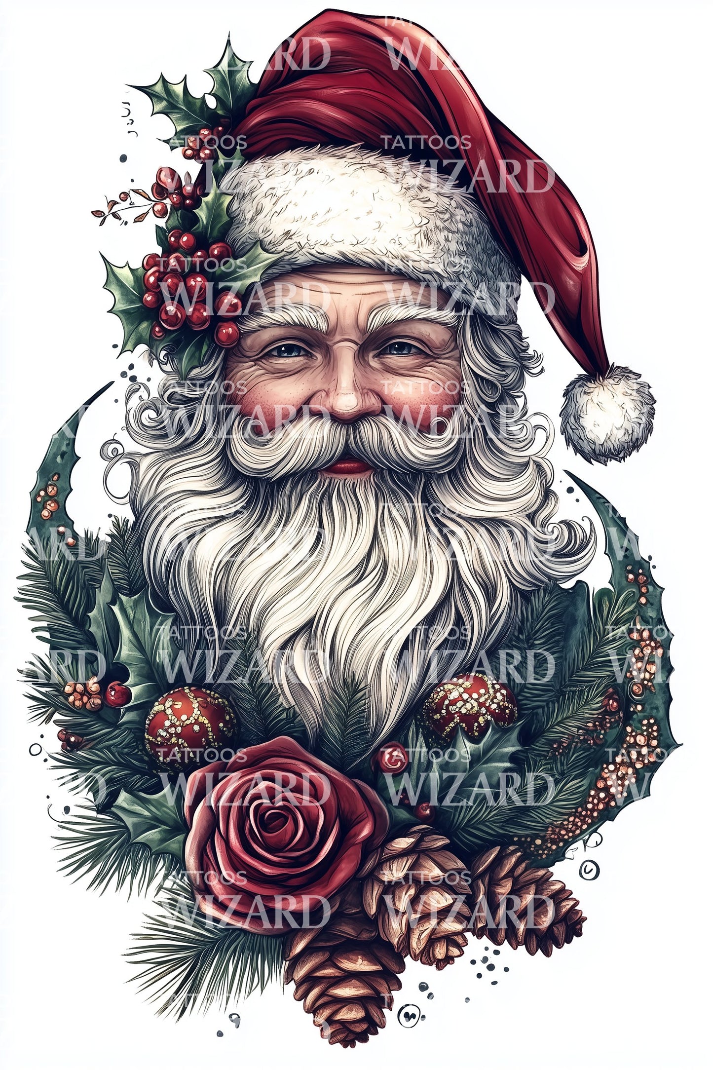 Santa Portrait Roses Tattoo Design