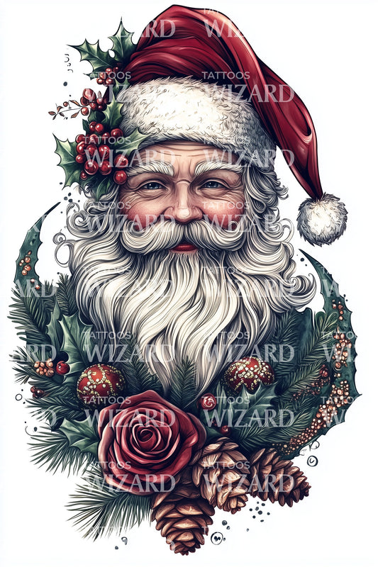 Santa Portrait Roses Tattoo Design