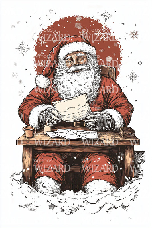 Santa Reading Holiday Wishes Tattoo Illustration