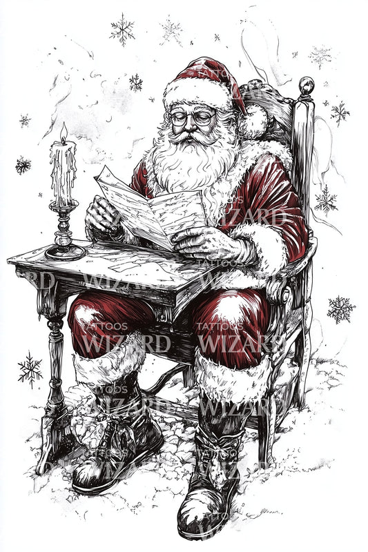 Santa Relaxing with Book Tattoo Design