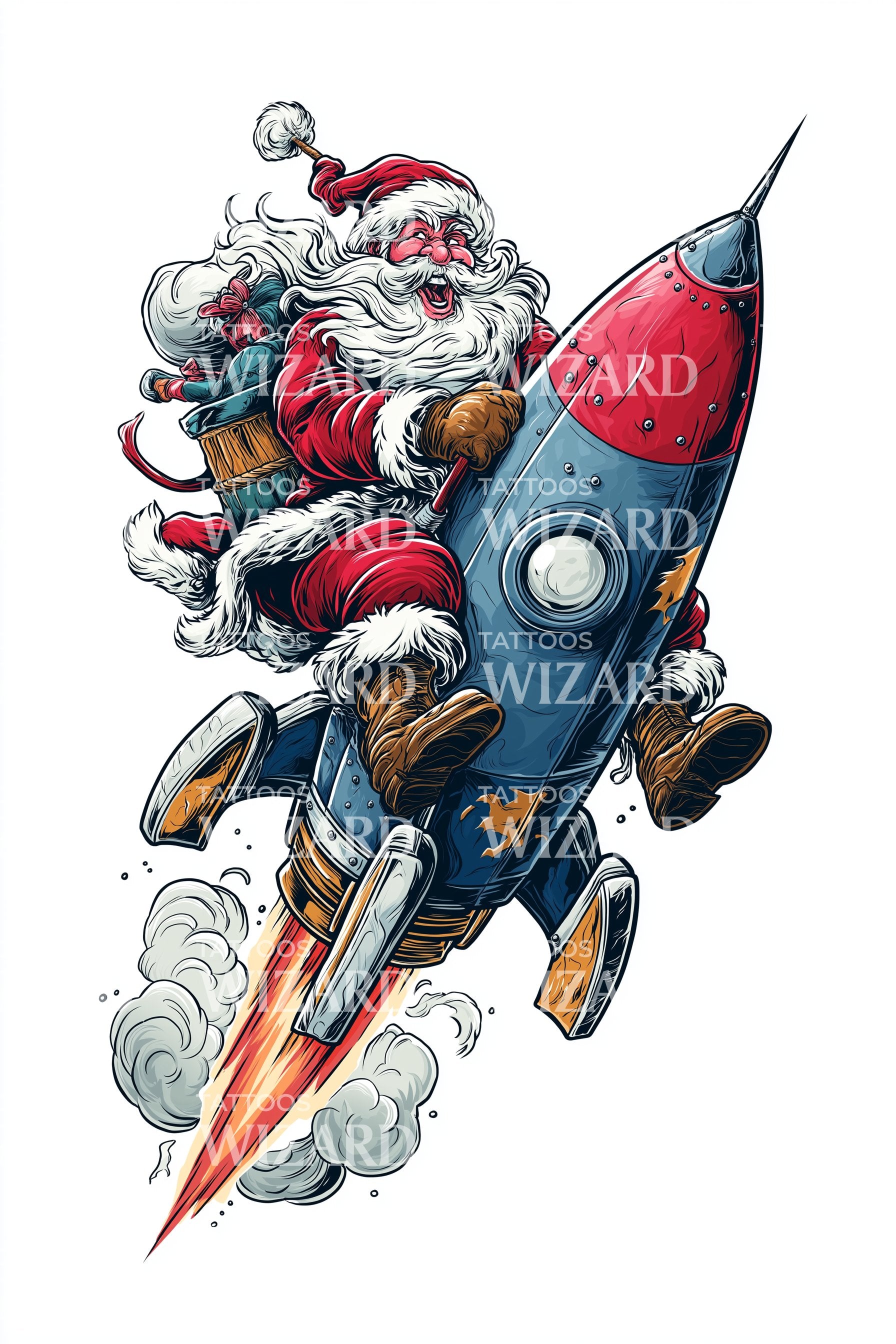 Santa Rocket Ride Tattoo Illustration – Tattoos Wizard Designs