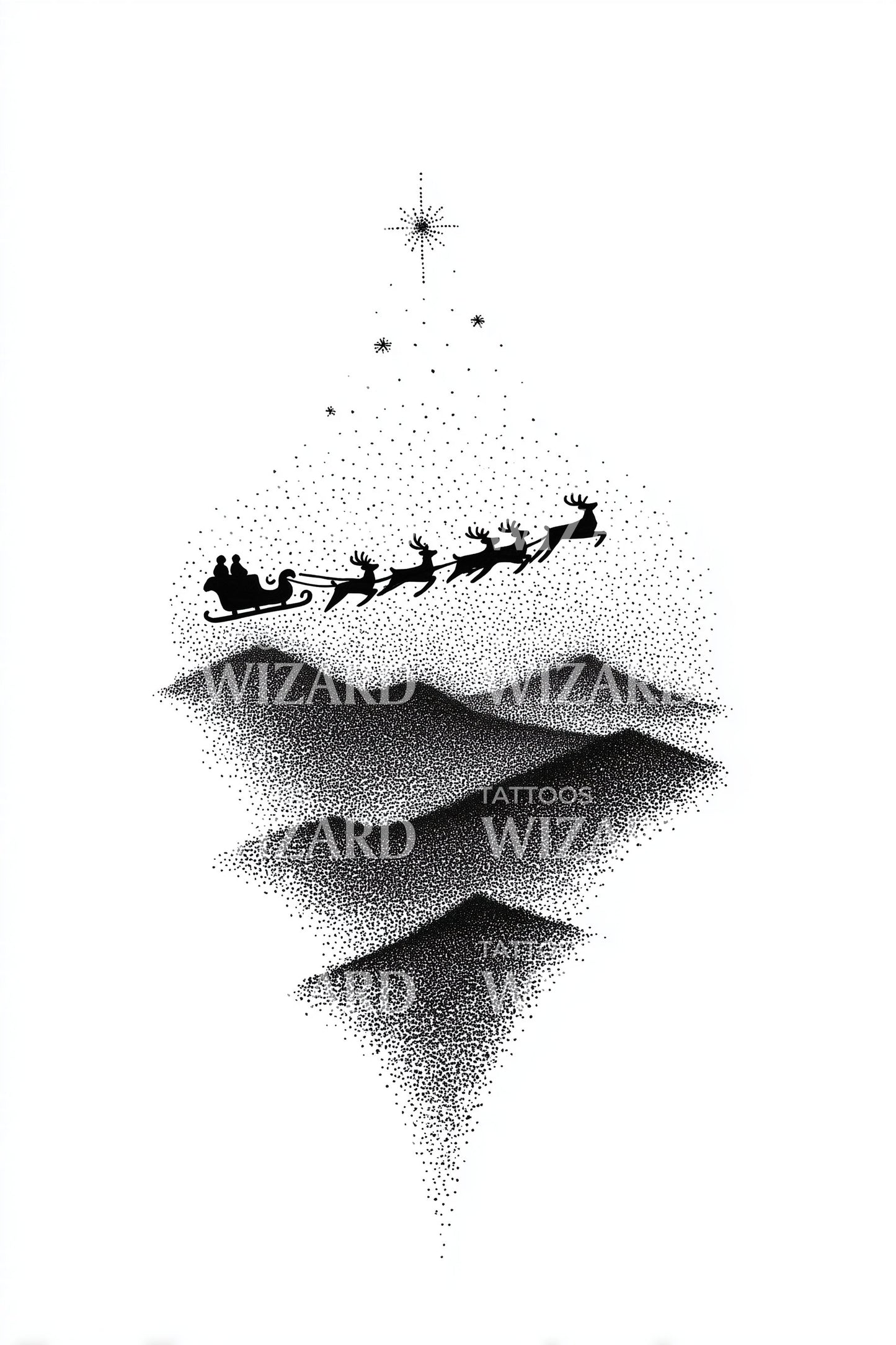 Santa Sleigh Over Mountains Tattoo Illustration