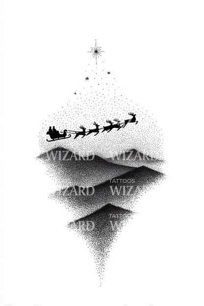 Santa Sleigh Over Mountains Tattoo Illustration