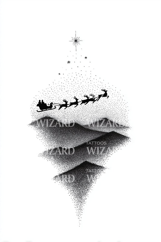Santa Sleigh Over Mountains Tattoo Illustration