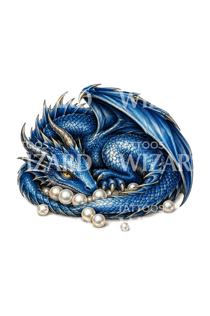 Sapphire Dragon on Pearl Hoard Tattoo Illustration