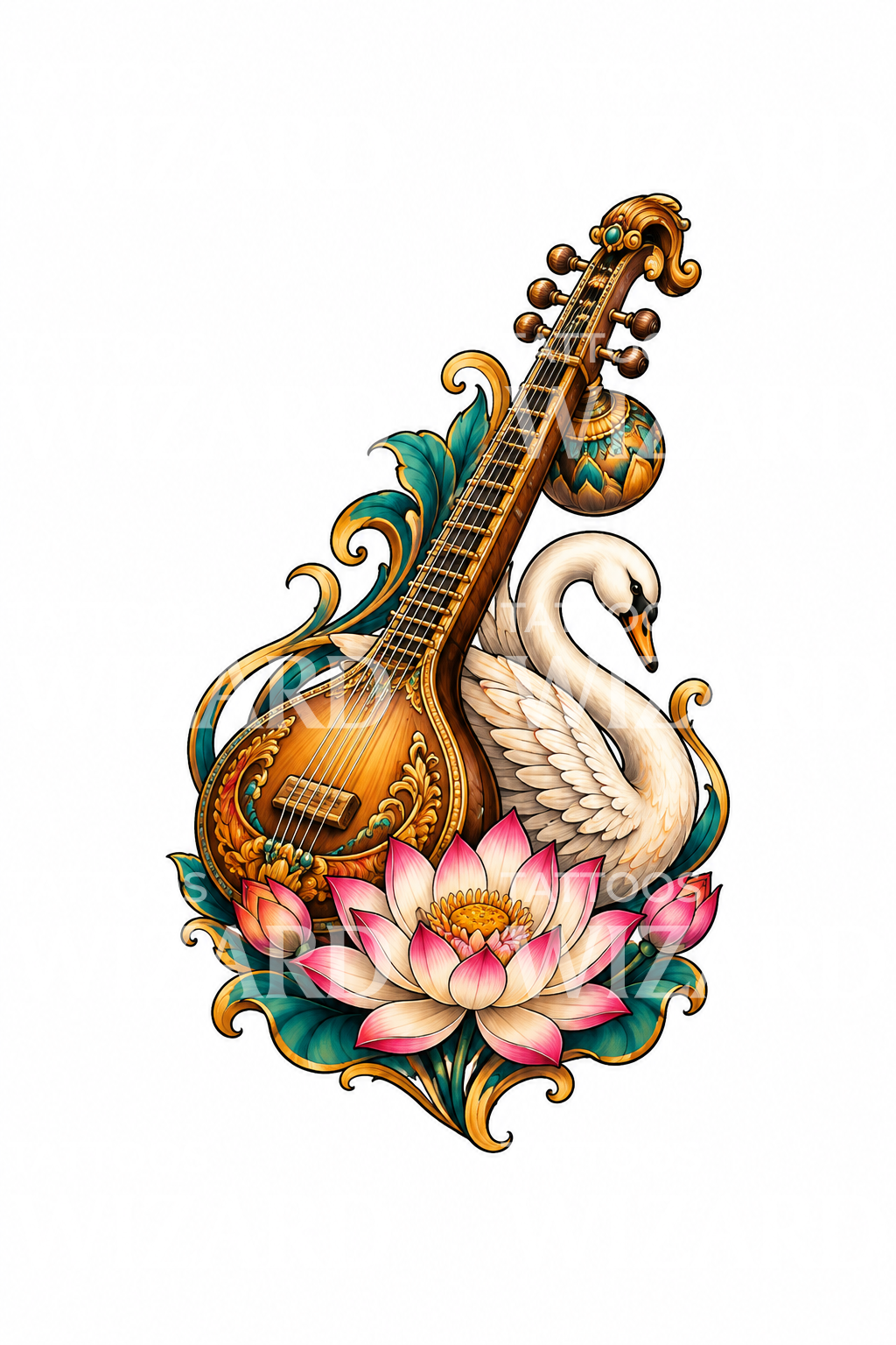 Saraswatis veena med hvit svane og lotus, hinduistisk tatoveringsdesign