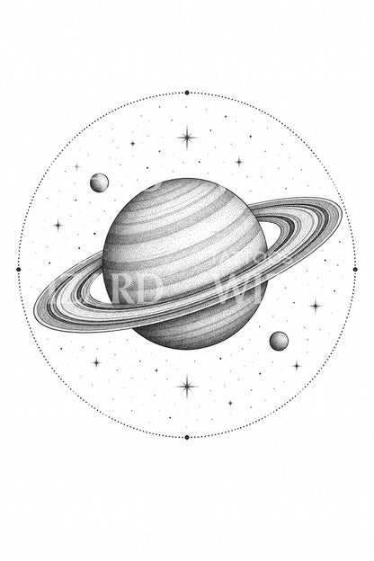 Saturn and Moons Dotwork Tattoo Design
