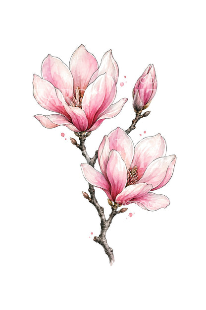 Diseño de tatuaje de rama de magnolia en acuarela