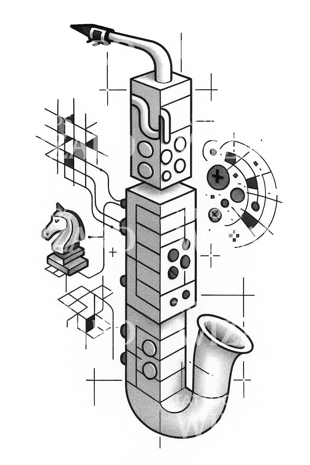 Sax Machine Blueprint Tattoo Design