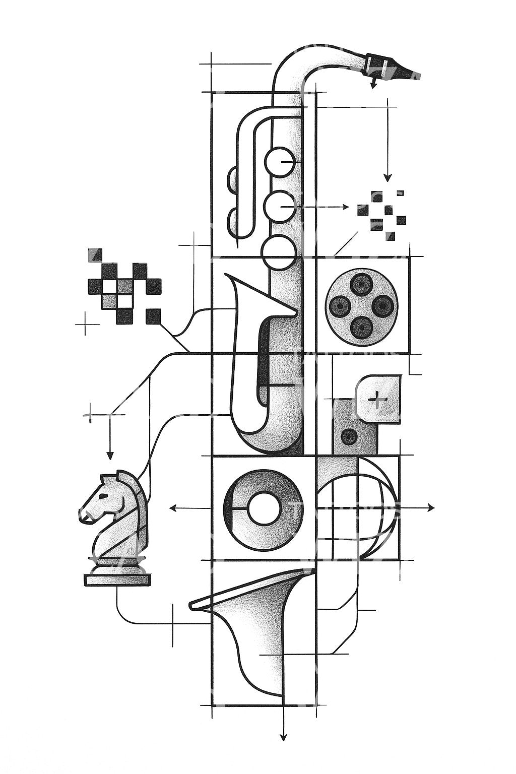 Saxophone Circuit Tower Tattoo Illustration