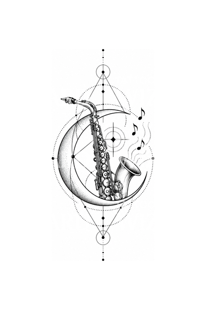 Tatuagem geométrica de saxofone em lua crescente