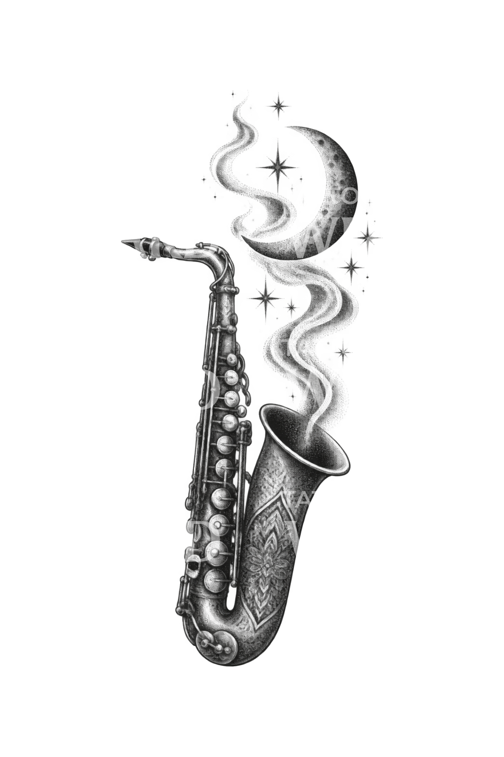 Tatuagem de saxofone, fumo e lua crescente
