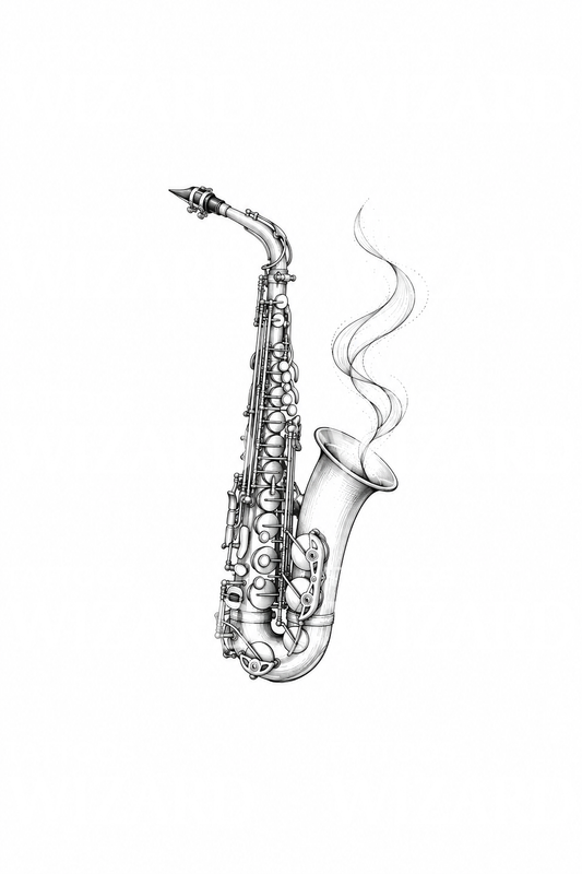 Saxophone with Smoke Ribbon Tattoo Idea