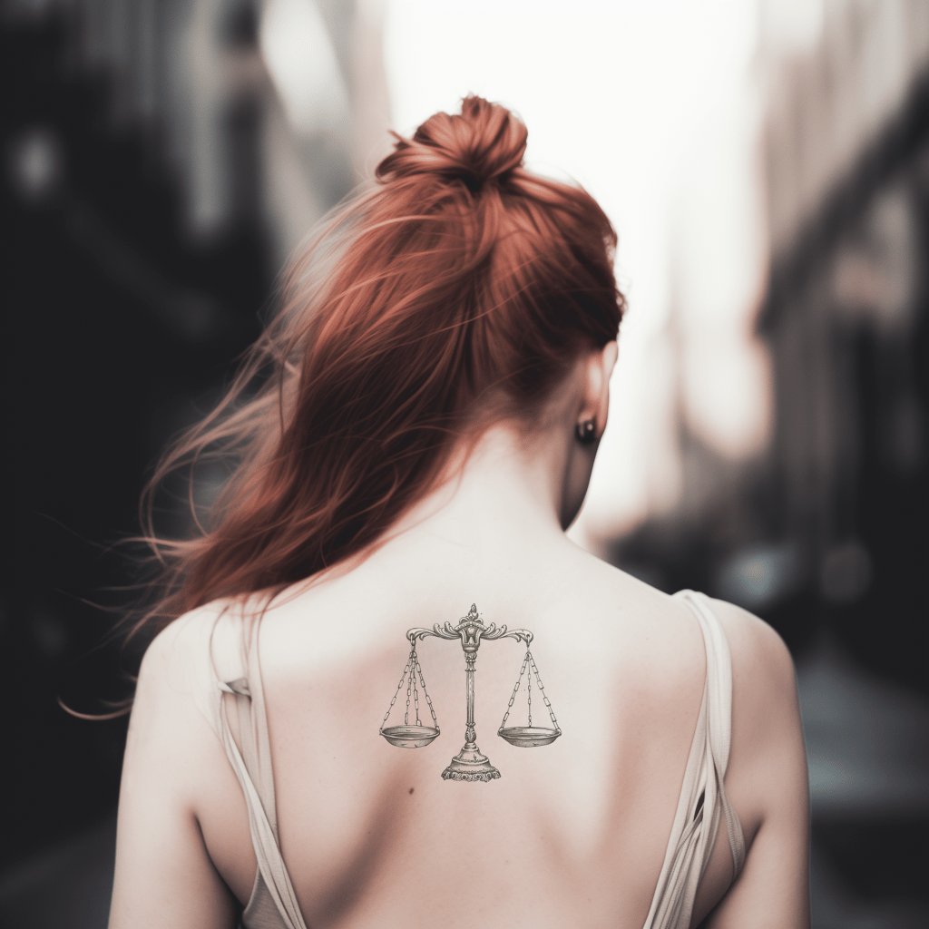 Schwarz-graues Tattoo-Design mit Waage der Gerechtigkeit