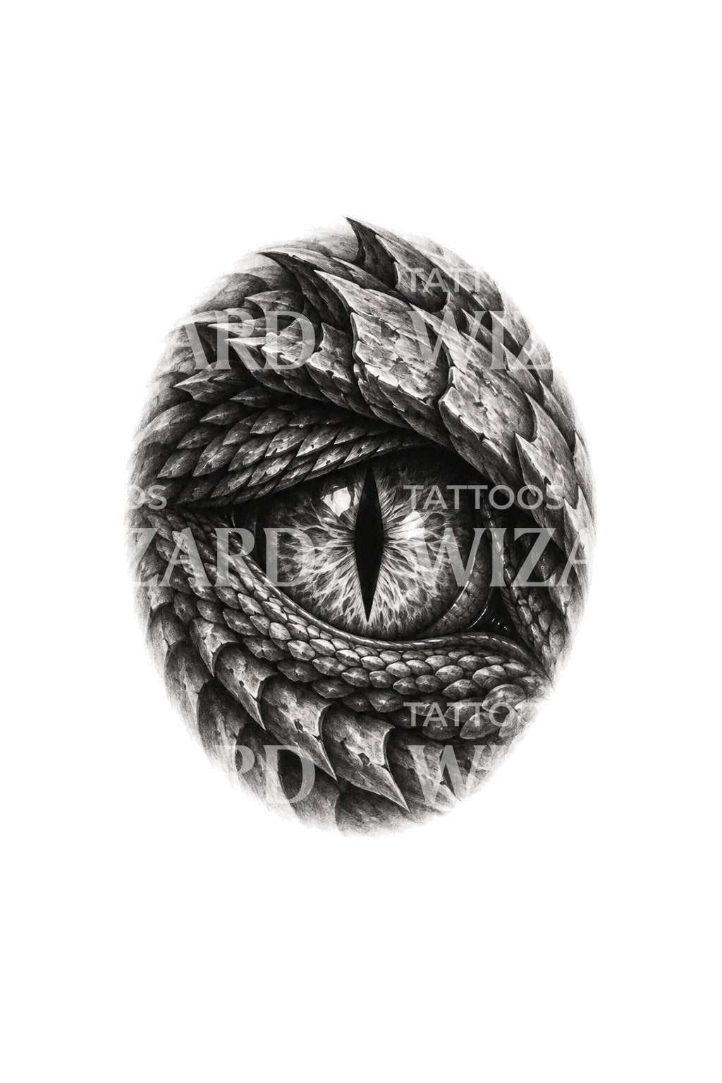 Ovaal drakenoog met schubben, zwart-grijs tattoo-ontwerp