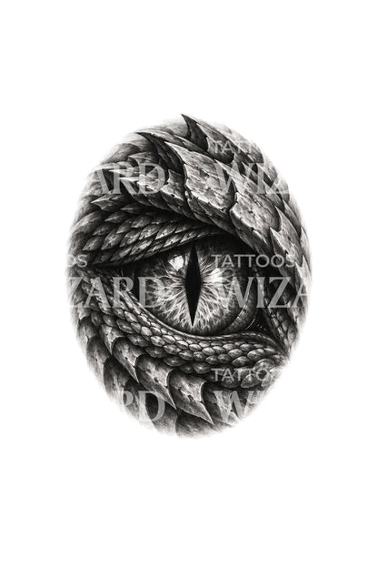 Ovaal drakenoog met schubben, zwart-grijs tattoo-ontwerp