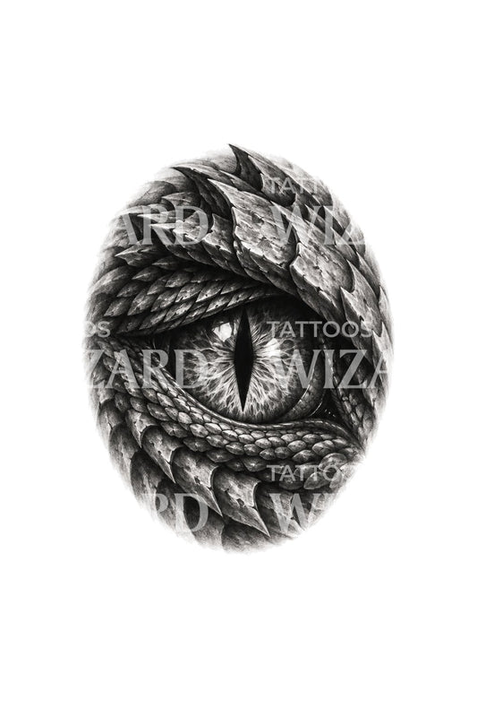 Mata naga bersisik berbentuk oval, desain tato hitam dan abu-abu