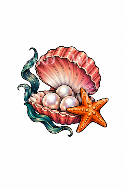 Desain tato cangkang kerang dengan mutiara dan bintang laut