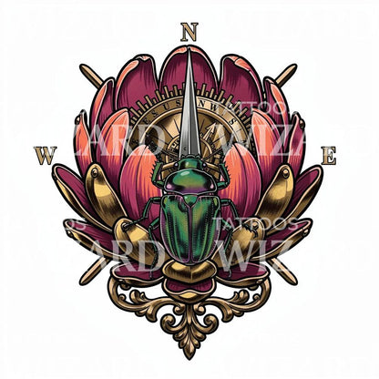 Skarabé Lotus Kompass Tatoveringsdesign