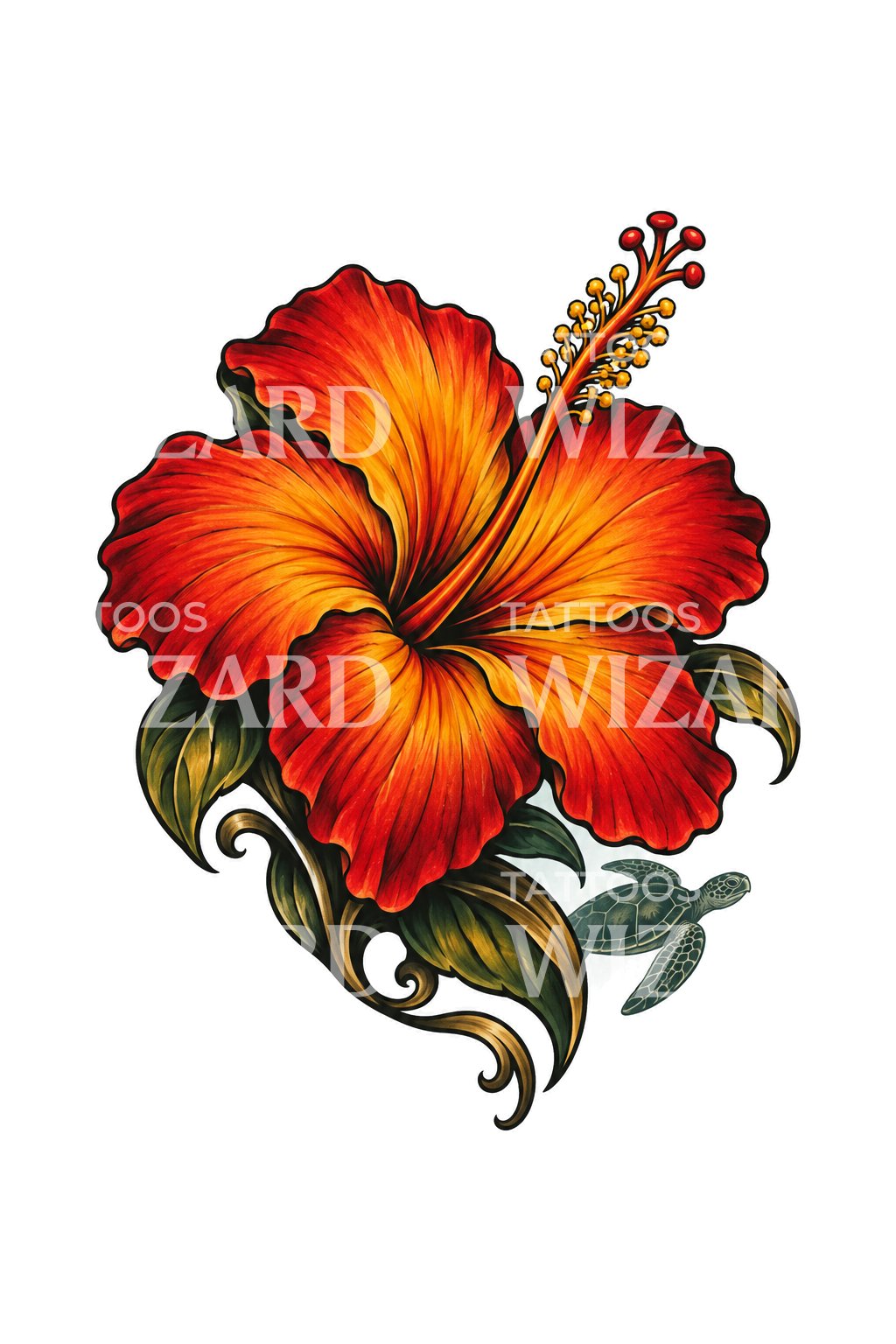 Scarlet Hibiscus with Passing Turtle Tattoo Design