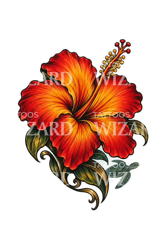 Scarlet Hibiscus with Passing Turtle Tattoo Design