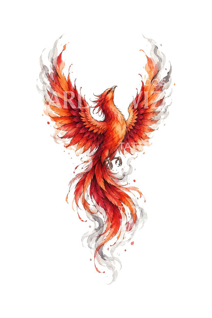 Aquarell-Tattoo-Illustration eines aus Rauch aufsteigenden scharlachroten Phönix