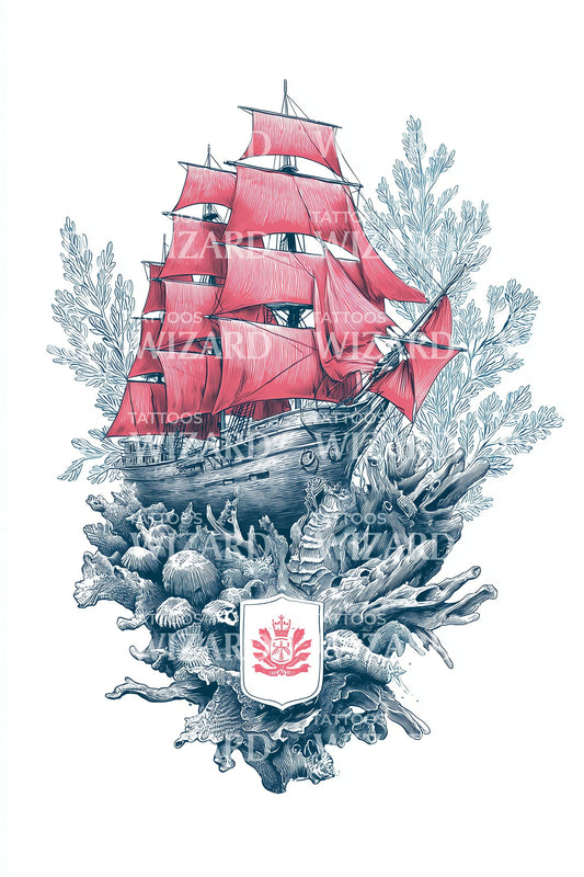 Scarlet Tall Ship Tattoo Illustration