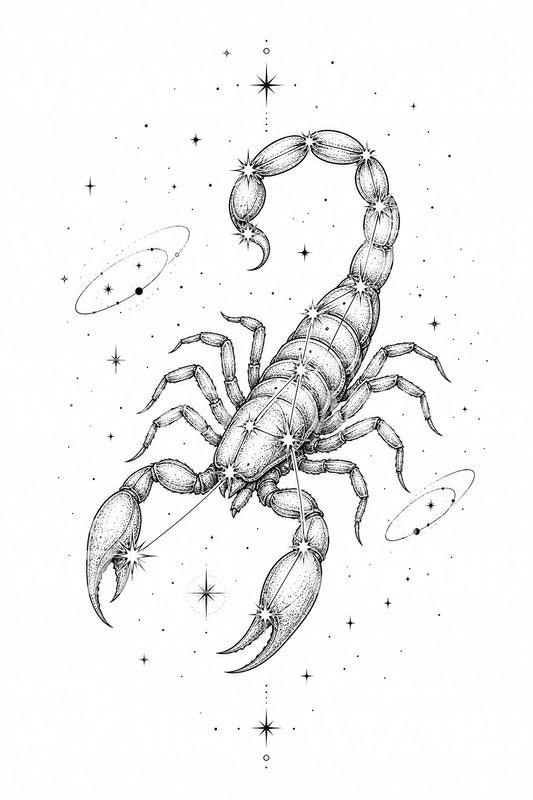 Design de tatuagem fine line da constelação de Escorpião