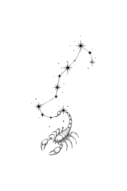 Tatuaggio fine line della costellazione dello Scorpione con piccolo scorpione
