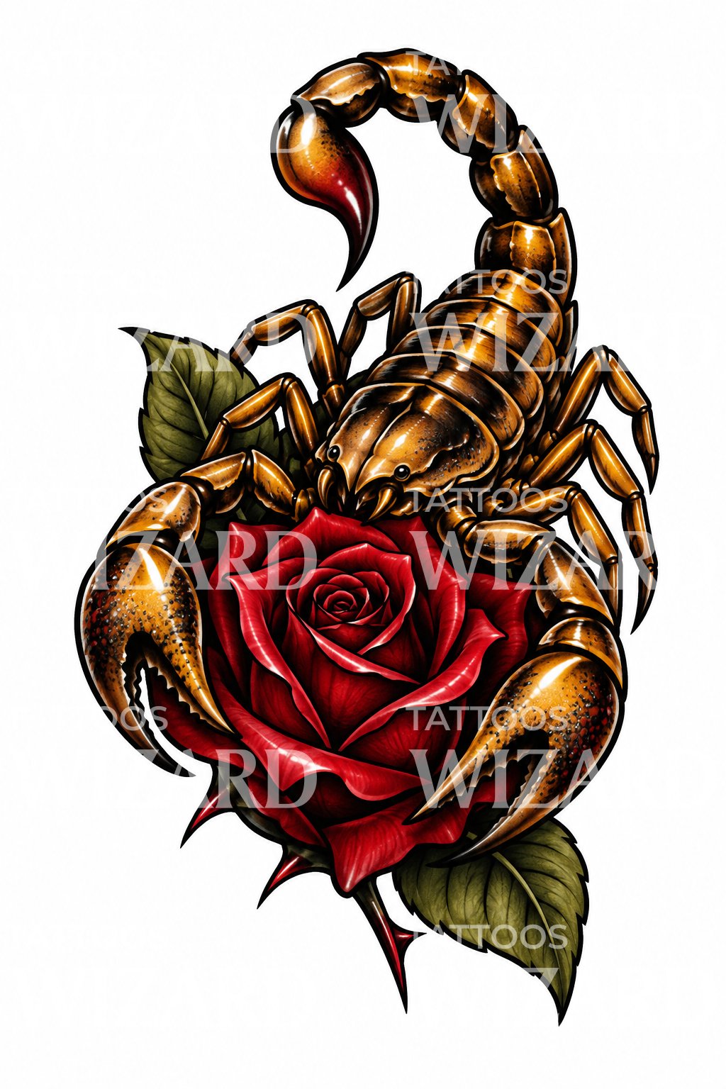 Diseño de tatuaje de un escorpión custodiando una rosa roja