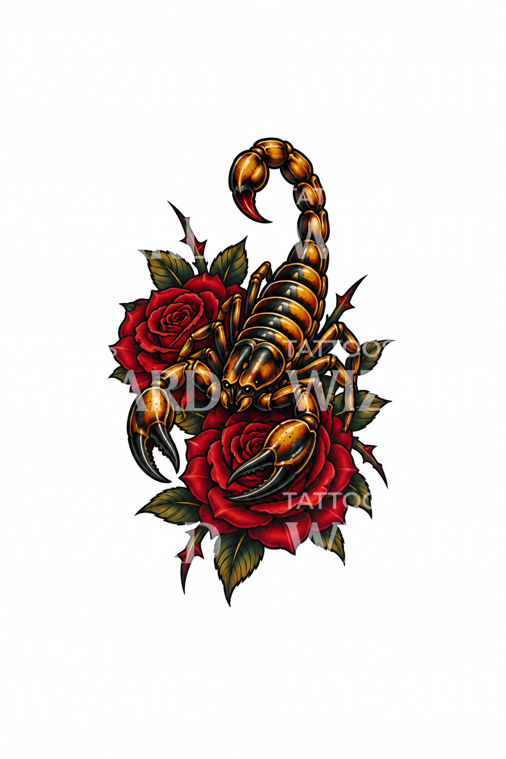 Tattoo-Design Skorpion auf roten Rosen