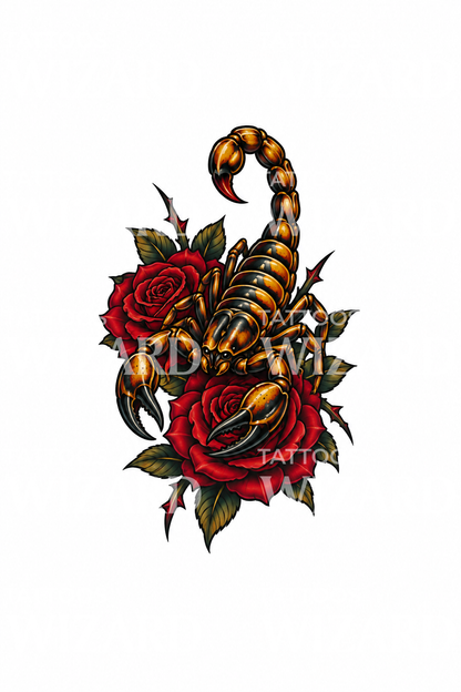 Tattoo-Design Skorpion auf roten Rosen